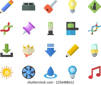 Color flat icon set energy saving lamp flat vector, brick, ventilation, drop, DNA, drawing pin, pencil, brainstorm, baggage claim fector, sun, pets allowed, download, key, note