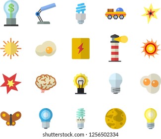 Color flat icon set energy saving lamp flat vector, switch box, scrambled eggs, sun, butterflies, lighthouse, idea, reading, moon, fector, spark, lunar rover, brain
