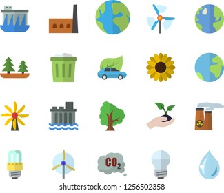 Color flat icon set energy saving lamp flat vector, tree, flower, seedlings, windmill, earth, forest, hydroelectric power station, manufactory, eco cars, carbon dioxide, nuclear plant, fector, drop