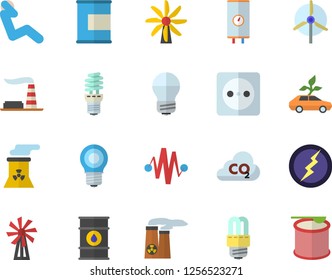 Color flat icon set energy saving lamp flat vector, boiler, windmill, factory, oil tanks, socket, eco cars, carbon dioxide, nuclear power plant, lightning, electric discharge fector, swing press