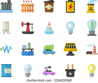 Color flat icon set energy saving lamp flat vector, boiler, coffe, oil production platform, battery, solar, pumping, factory, plug socket, hydroelectric power station, eco cars, electric, radiator