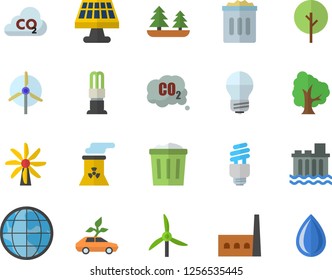 Color flat icon set energy saving lamp flat vector, tree, solar battery, windmill, forest, hydroelectric power station, manufactory, eco cars, carbon dioxide, earth, fector, nuclear plant, trash can