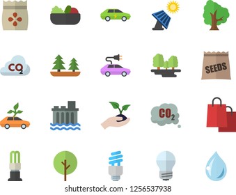 Color flat icon set energy saving lamp flat vector, salad, seeds, tree, seedlings, solar battery, forest, hydroelectric power station, eco cars, electric, carbon dioxide, bags, fector, drop