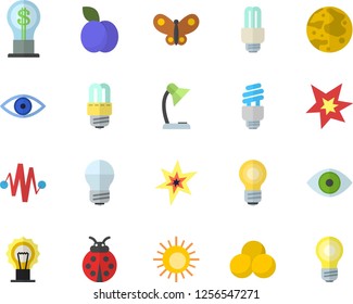 Color flat icon set energy saving lamp flat vector, plum, ladybird, butterflies, idea, eye, reading, moon, bulb, fector, spark, electric discharge, pills, sun