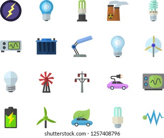 Color flat icon set energy saving lamp flat vector, windmill, battery, accumulator, power line support, eco cars, electric, reading, bulb, fector, nuclear plant, oscilloscope, lightning, discharge