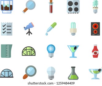 Color flat icon set energy saving lamp flat vector, meashuring cup, electric stove, induction cooker, cocktail, whiskey, ketchup, greenhouse, chemistry, magnifier, pipette, blood test, to do list