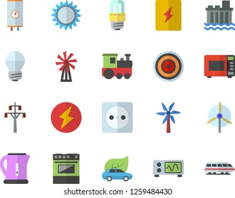 Color flat icon set energy saving lamp flat vector, switch box, boiler, electric kettle, stove, induction cooker, gas, microwave, windmill, socket, power line support, hydroelectric station
