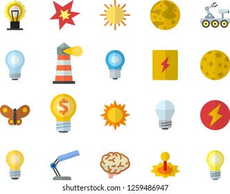 Color flat icon set energy saving lamp flat vector, switch box, sun, butterflies, laser, lighthouse, idea, reading, moon, bulb, spark, lightning, lunar rover, brain