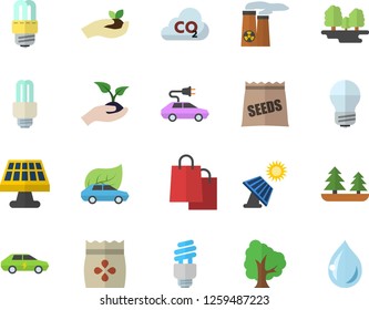 Color flat icon set energy saving lamp flat vector, seeds, tree, seedlings, solar battery, forest, eco cars, electric, carbon dioxide, bags, fector, nuclear power plant, drop