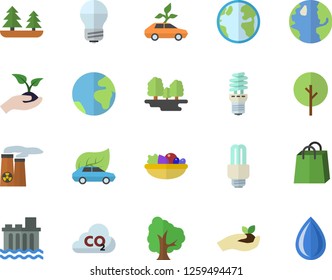 Color flat icon set energy saving lamp flat vector, salad, tree, seedlings, earth, forest, hydroelectric power station, eco cars, carbon dioxide, bags, fector, nuclear plant, drop