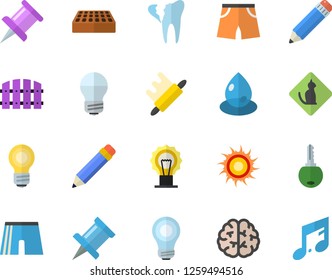 Color flat icon set energy saving lamp flat vector, brick, rolling pin, fence, drop, broken tooth, drawing, pencil, bulb, brain, athletic shorts, sun fector, pets allowed, key, note