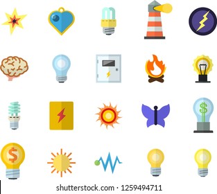 Color flat icon set energy saving lamp flat vector, switch box, sun, butterflies, bonfire, lighthouse, idea, bulb, spark, lightning, brain, electric discharge fector, heart pendant