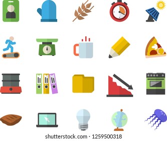 Color flat icon set energy saving lamp flat vector, weighing machine, potholder, electric stove, double boiler, ear, pizza, chop, tea, solar battery, crisis, computer file, folder, pencil, laptop