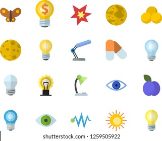 Color flat icon set energy saving lamp flat vector, plum, butterflies, idea, eye, reading, moon, bulb, spark, electric discharge fector, pills, sun