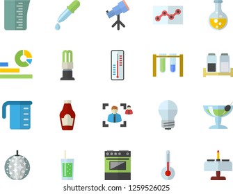 Color flat icon set energy saving lamp flat vector, meashuring cup, electric stove, spice, temperature, ketchup, soda, thermometer, chemistry, statistics, pipette, recruitment, point diagram