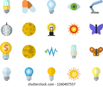 Color flat icon set energy saving lamp flat vector, butterflies, idea, eye, reading, moon, bulb, fector, electric discharge, pills, sun, disco ball