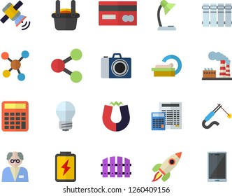 Color flat icon set energy saving lamp flat vector, calculator, heating batteries, fence, battery, factory, welding, metallurgy, credit card, molecules, tomograph, reading, rocket, satellit, magnet