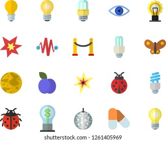 Color flat icon set energy saving lamp flat vector, plum, ladybird, butterflies, idea, eye, moon, bulb, fector, spark, electric discharge, pills, VIP area, disco ball