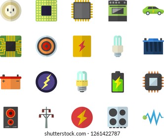 Color flat icon set energy saving lamp flat vector, switch box, electric stove, induction cooker, battery, accumulator, socket, power line support, cars, motherboard, fector, cpu, lightning