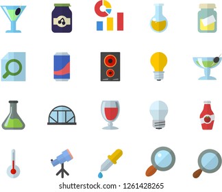 Color flat icon set energy saving lamp flat vector, induction cooker, temperature, lemonade, wine, cocktail, jam, ketchup, greenhouse, chemistry, magnifier, statistics, pipette, medical analysis