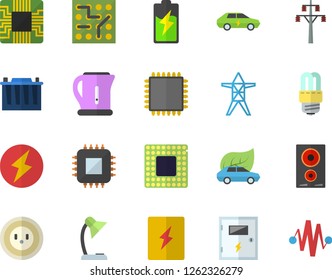 Color flat icon set energy saving lamp flat vector, switch box, electric kettle, induction cooker, battery, accumulator, socket, power line support, eco cars, motherboard, reading, cpu, lightning