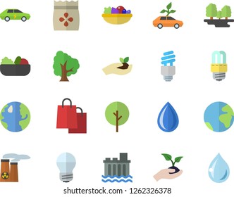 Color flat icon set energy saving lamp flat vector, salad, seeds, tree, seedlings, earth, forest, hydroelectric power station, eco cars, electric, bags, fector, nuclear plant, drop