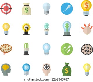 Color flat icon set energy saving lamp flat vector, idea, wealth, sperm, target, bulb, brainstorm, brain, fector