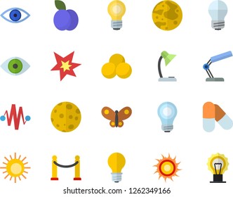 Color flat icon set energy saving lamp flat vector, plum, butterflies, eye, reading, moon, bulb, spark, electric discharge fector, pills, VIP area, sun