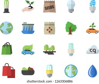 Color flat icon set energy saving lamp flat vector, salad, seeds, tree, seedlings, earth, forest, hydroelectric power station, eco cars, carbon dioxide, bags, fector, drop