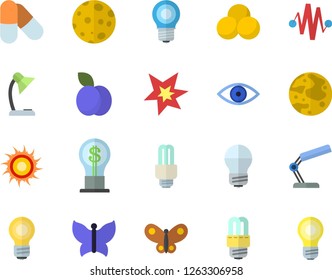 Color flat icon set energy saving lamp flat vector, plum, butterflies, idea, eye, reading, moon, bulb, fector, spark, electric discharge, pills, sun