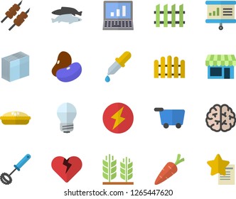 Color flat icon set energy saving lamp flat vector, fence, whisk, legumes, pie, shashlik, fish, carrot, pipette, sticker, computer, lightning, presentaition board, ear, brain, grocery trolley fector