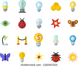 Color flat icon set energy saving lamp flat vector, ladybird, butterflies, idea, eye, reading, bulb, fector, spark, pills, VIP area, sun