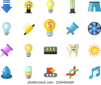 Color flat icon set energy saving lamp flat vector, rolling pin, ventilation, conveyor, drop, idea, DNA, broken tooth, drawing, bulb, athletic shorts, sun fector, download, note