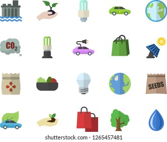 Color flat icon set energy saving lamp flat vector, salad, seeds, tree, seedlings, solar battery, earth, hydroelectric power station, eco cars, electric, carbon dioxide, bags, fector, drop