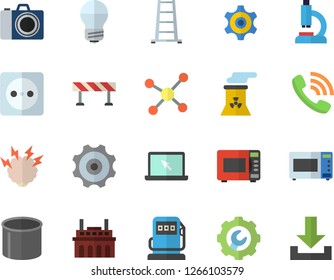 Color flat icon set energy saving lamp flat vector, repair, barrier, microwave, ladder, refueling, socket, plant, pipe production, cogwheel, phone call, microscope, laptop, molecule, nuclear power