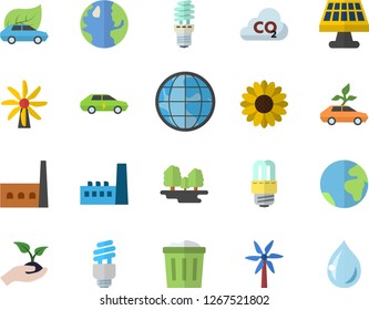 Color flat icon set energy saving lamp flat vector, windmill, flower, seedlings, solar battery, earth, forest, manufactory, eco cars, electric, carbon dioxide, fector, trash can, drop