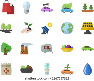 Color flat icon set energy saving lamp flat vector, salad, seeds, tree, seedlings, solar battery, forest, eco cars, electric, carbon dioxide, bags, nuclear power plant, earth fector, drop