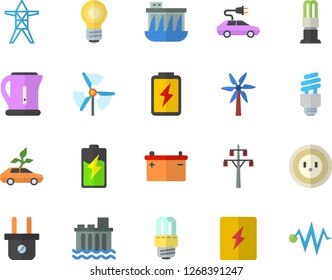 Color flat icon set energy saving lamp flat vector, switch box, electric kettle, windmill, battery, accumulator, socket, plug, power line support, hydroelectric station, eco cars, bulb, fector