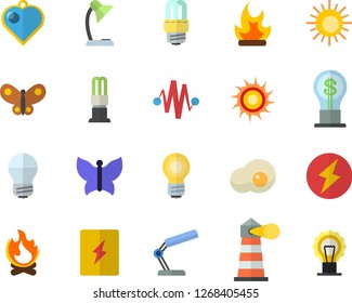 Color flat icon set energy saving lamp flat vector, switch box, scrambled eggs, butterflies, bonfire, lighthouse, idea, reading, bulb, lightning, electric discharge fector, sun, heart pendant