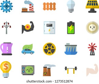 Color flat icon set energy saving lamp flat vector, switch box, heating batteries, electric kettle, windmill, battery, solar, factory, socket, power line support, hydroelectric station, cogwheel