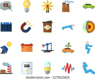 Color flat icon set energy saving lamp flat vector, switch box, coffe, solar battery, oil pumping, windmill, factory, accumulator, eco cars, electric, carbon dioxide, magnet, bulb, discharge, squats