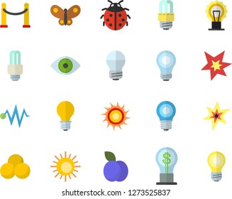 Color flat icon set energy saving lamp flat vector, plum, ladybird, butterflies, idea, eye, bulb, fector, spark, electric discharge, pills, VIP area, sun