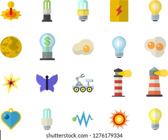 Color flat icon set energy saving lamp flat vector, switch box, scrambled eggs, butterflies, laser, lighthouse, idea, moon, bulb, fector, spark, lunar rover, electric discharge, sun, heart pendant