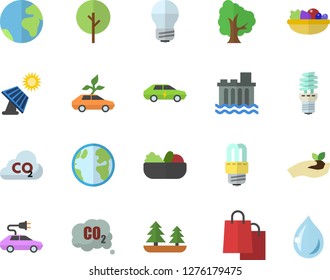 Color flat icon set energy saving lamp flat vector, salad, tree, seedlings, solar battery, earth, forest, hydroelectric power station, eco cars, electric, carbon dioxide, bags, fector, drop