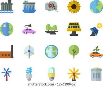 Color flat icon set energy saving lamp flat vector, windmill, tree, flower, solar battery, earth, forest, hydroelectric power station, manufactory, eco cars, electric, carbon dioxide, fector