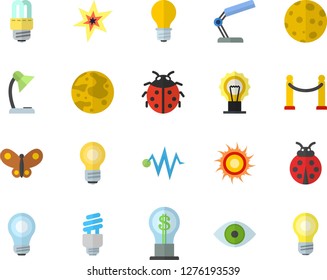 Color flat icon set energy saving lamp flat vector, ladybird, butterflies, idea, eye, reading, moon, bulb, fector, spark, electric discharge, VIP area, sun