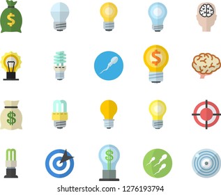 Color flat icon set energy saving lamp flat vector, idea, wealth, sperm, target, bulb, brain, fector