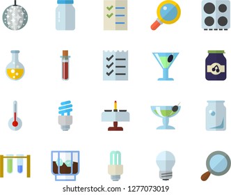 Color flat icon set energy saving lamp flat vector, electric stove, temperature, glass jar, cocktail, whiskey, jam, chemistry, bottles, blood test, to do list, fector, beakers, disco ball, magnifier