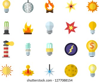 Color flat icon set energy saving lamp flat vector, sun, bonfire, laser, lighthouse, idea, moon, bulb, spark, lightning, disco ball fector