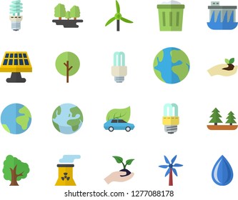 Color flat icon set energy saving lamp flat vector, windmill, tree, seedlings, solar battery, forest, hydroelectric power station, eco cars, earth, fector, nuclear plant, trash can, drop